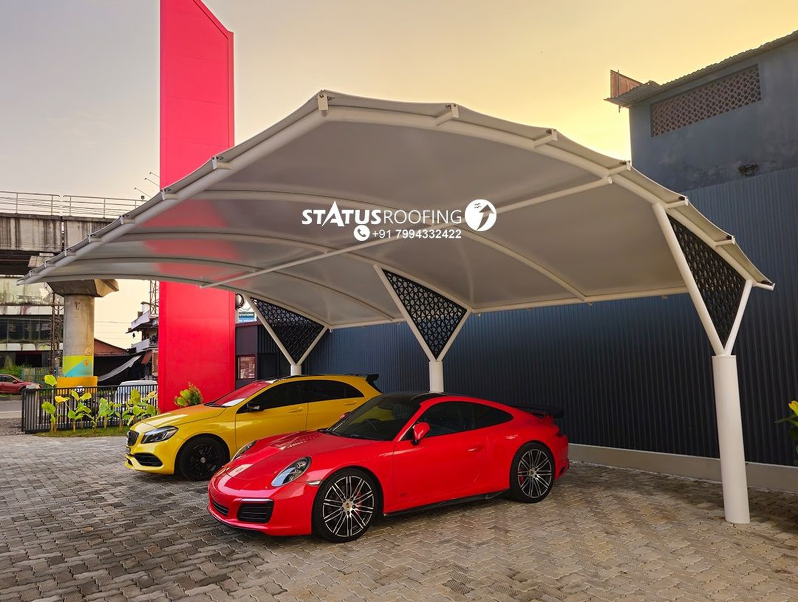 ONROAD, a luxury car servicing showroom with branches across Kerala, showcases a sophisticated tensile car porch