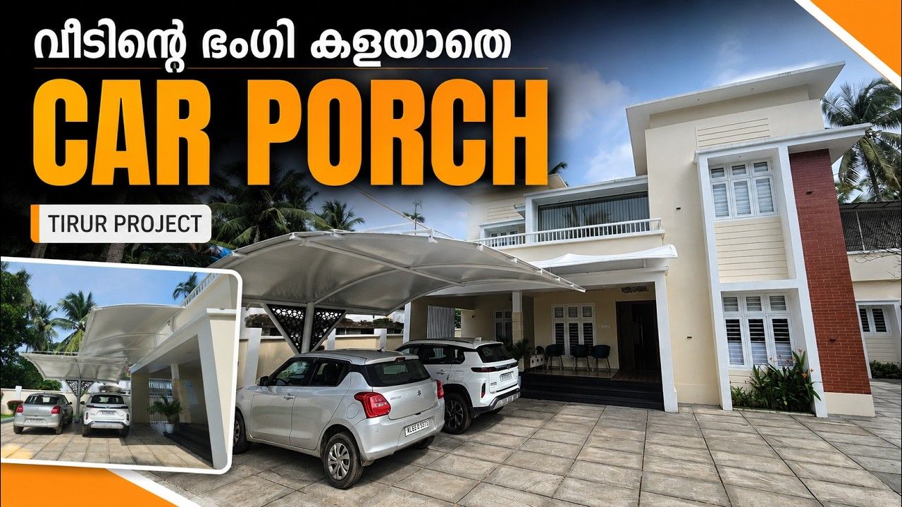 Single-pillar tensile car porch and sit-out sunshade installed at Shafeeq Ali’s residence in Tirur by Status Roofing